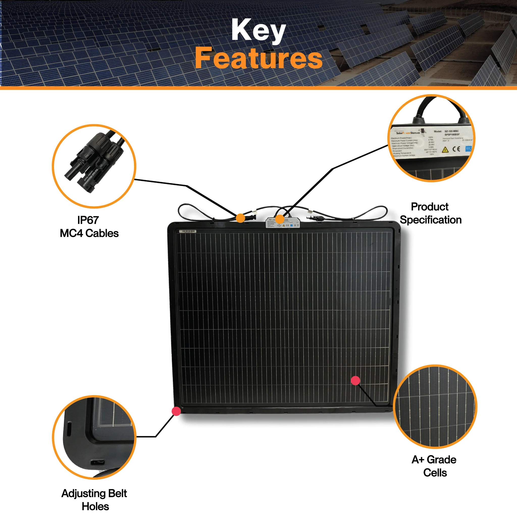 Maple Leaf 100W Balcony Semi-flexible Solar Panel - Bendable Lightweight With Bifacial Monocrystalline Solar Cells | With 10 Adjusting Belts - Image 4