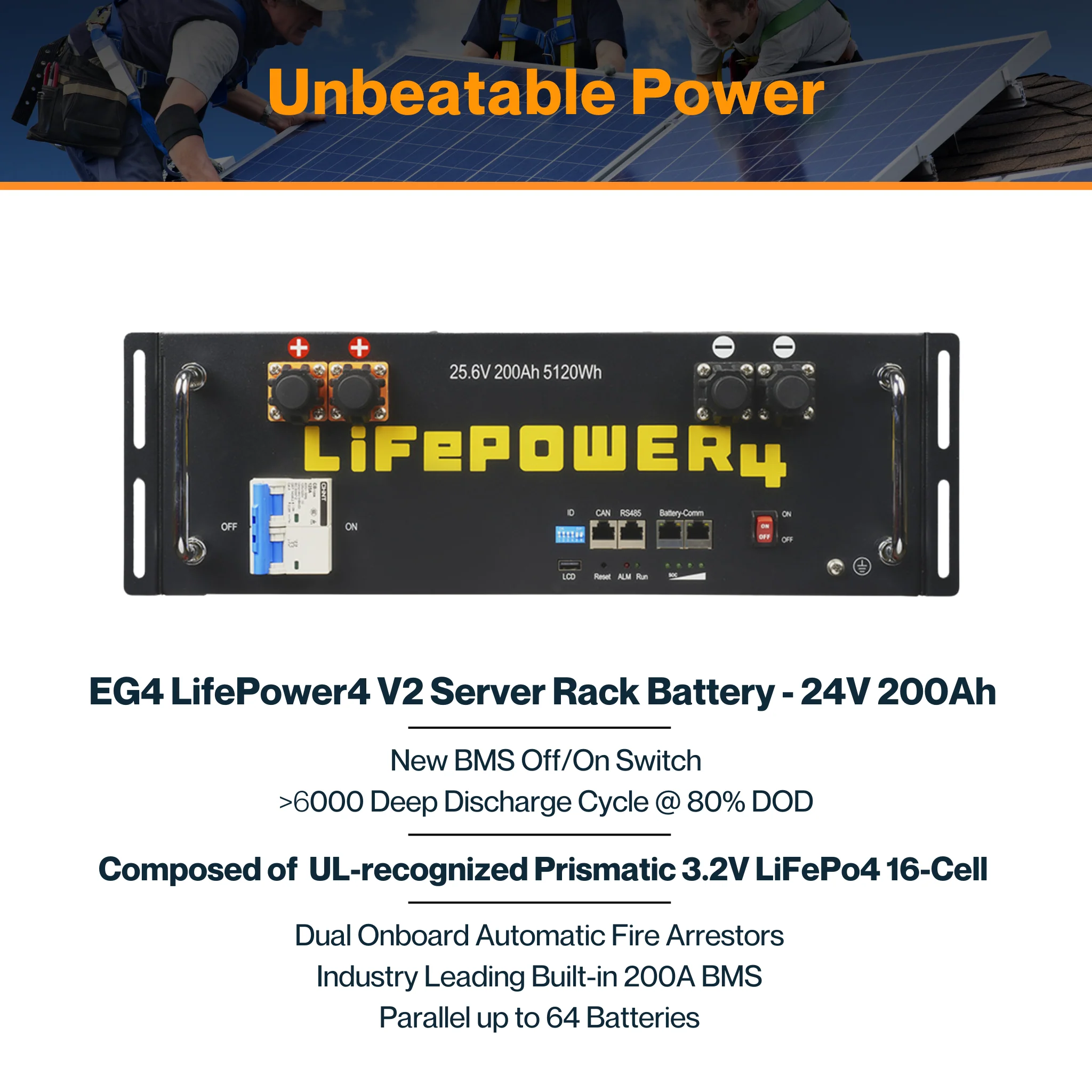 EG4® LifePower4 V2 Server Rack Battery - 24V 200Ah | LiFePo4 16-Cell | 200A BMS | W/ Fire Arrestors | 64 Batteries Parallel | 80% DOD | IP21 Ratings - Image 3