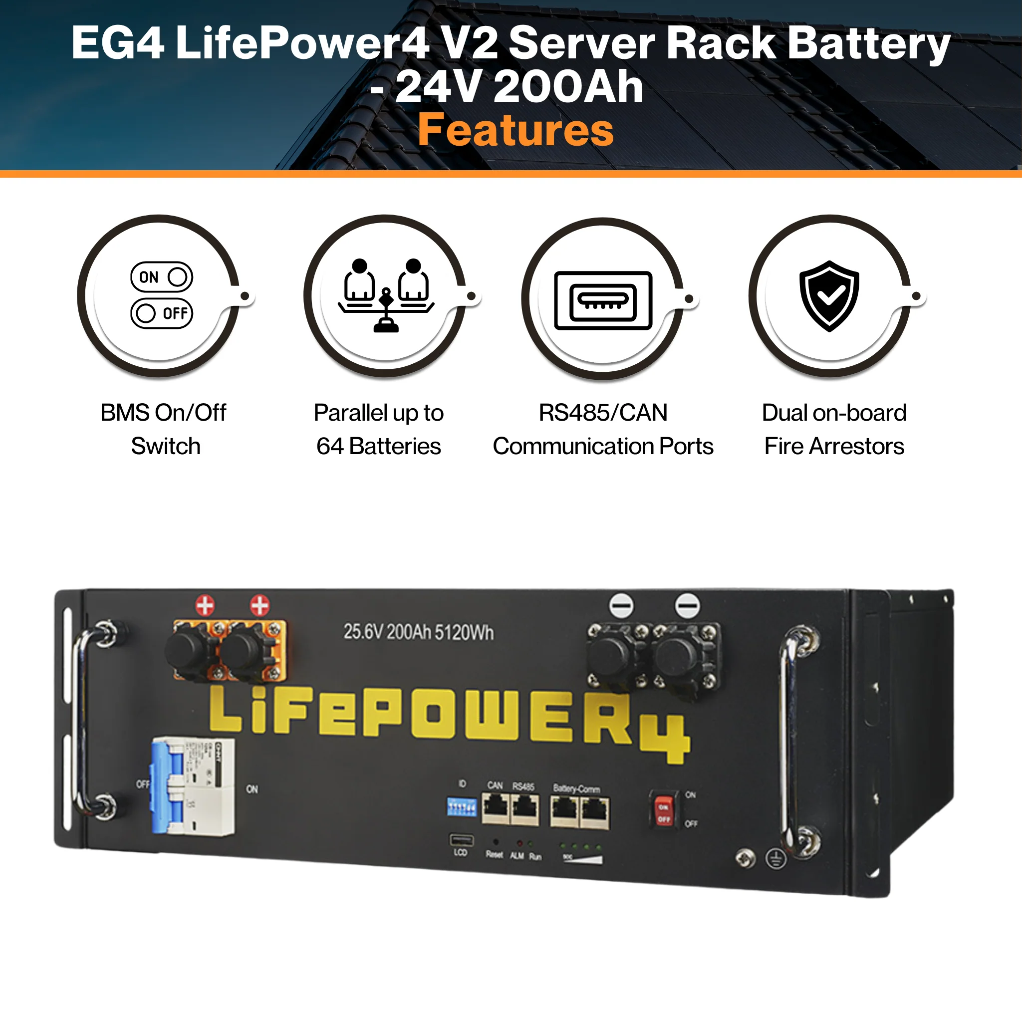 EG4® LifePower4 V2 Server Rack Battery - 24V 200Ah | LiFePo4 16-Cell | 200A BMS | W/ Fire Arrestors | 64 Batteries Parallel | 80% DOD | IP21 Ratings - Image 4