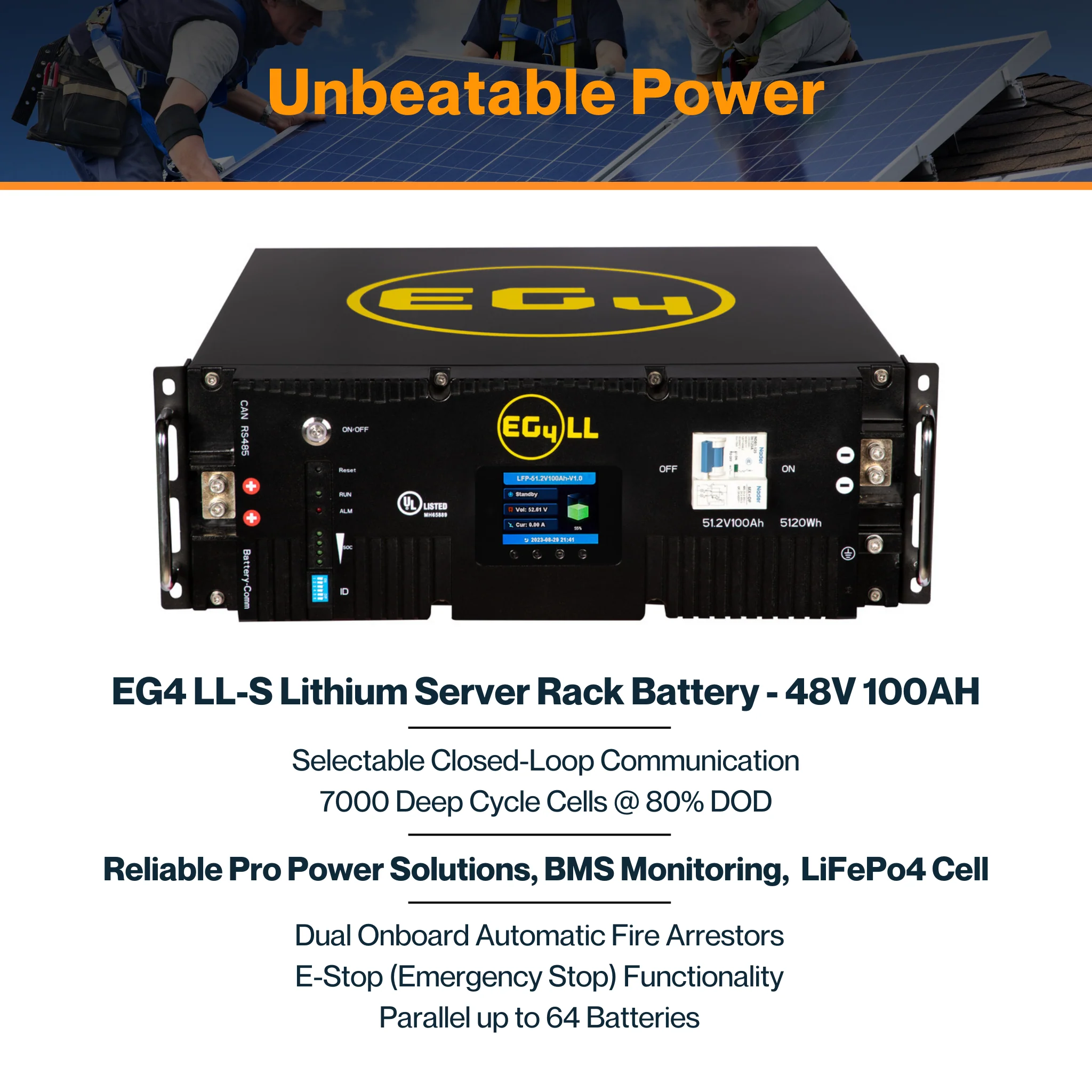 EG4® LL-S Lithium Server Rack Battery - 48V 100AH | LiFePo4 Cell | 64 Batteries in Parallel | 80% DOD | IP20 Ratings | UL1973 & UL9540A Certified - Image 3
