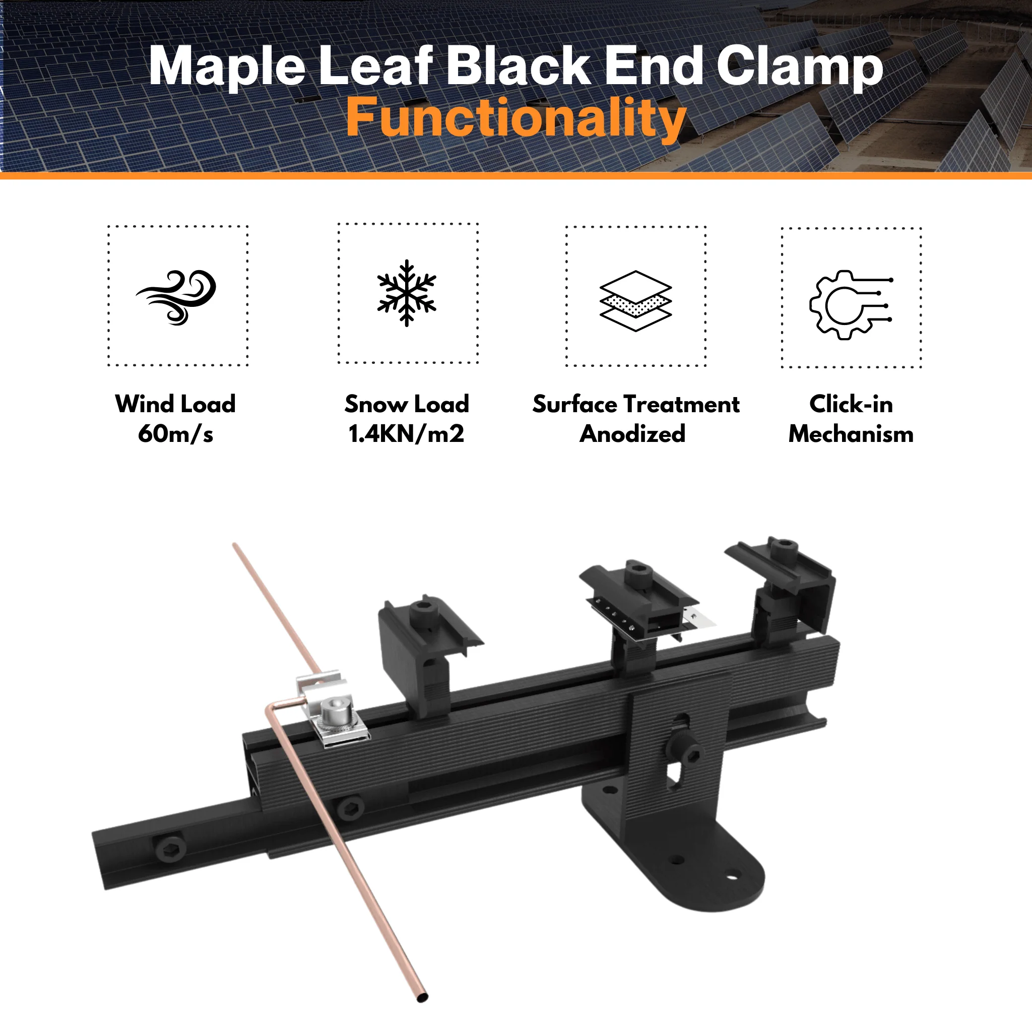 Maple Leaf Black End Clamp -  Anodized Aluminum 6005-T5 | Click-in Mechanism | AS/NZS 1170 Certified - Image 4