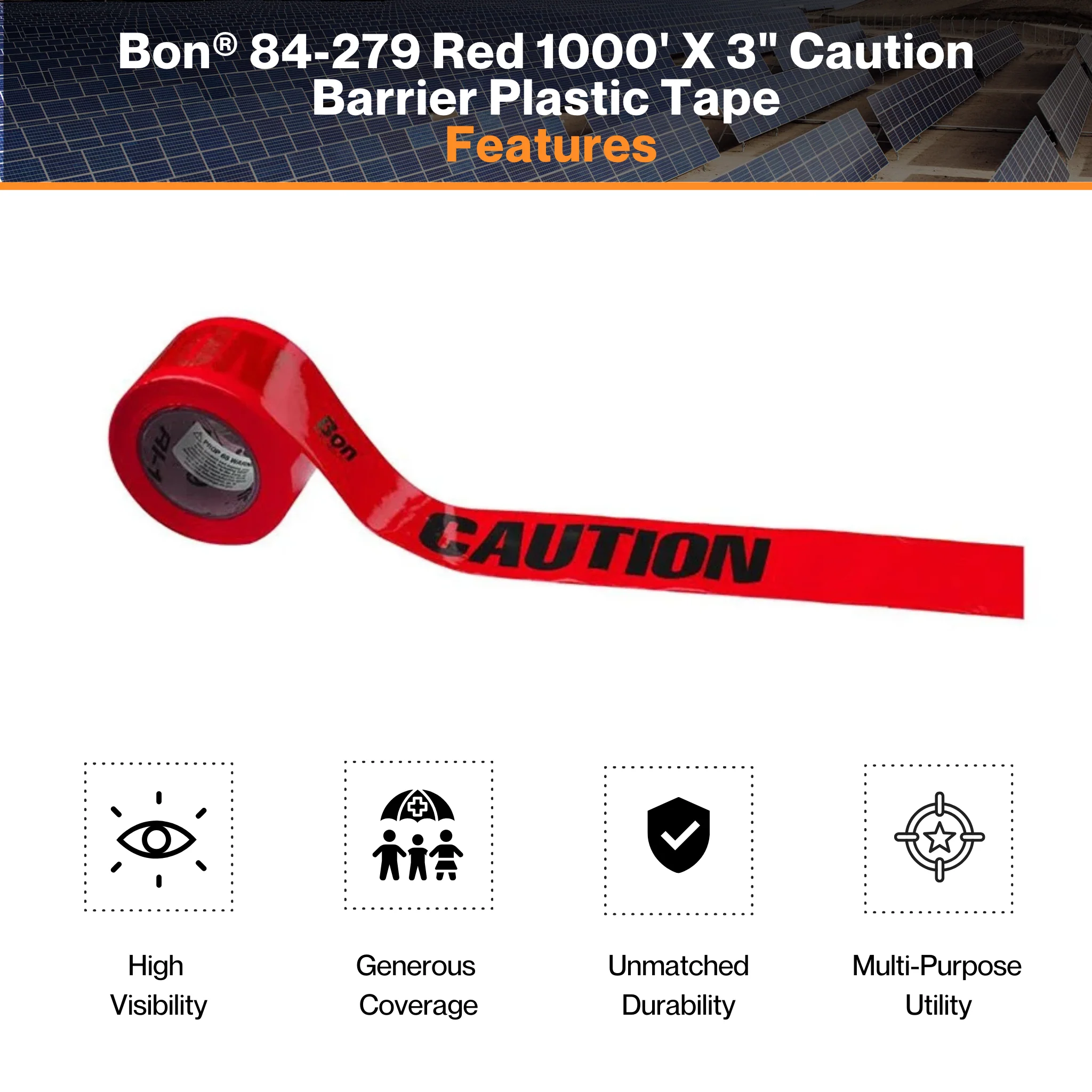 Bon® 84-279 Red 1000' X 3" Caution Barrier Plastic Tape – Lightweight | Extremely Noticeable | For Construction Areas & Restricted Zones - Image 2