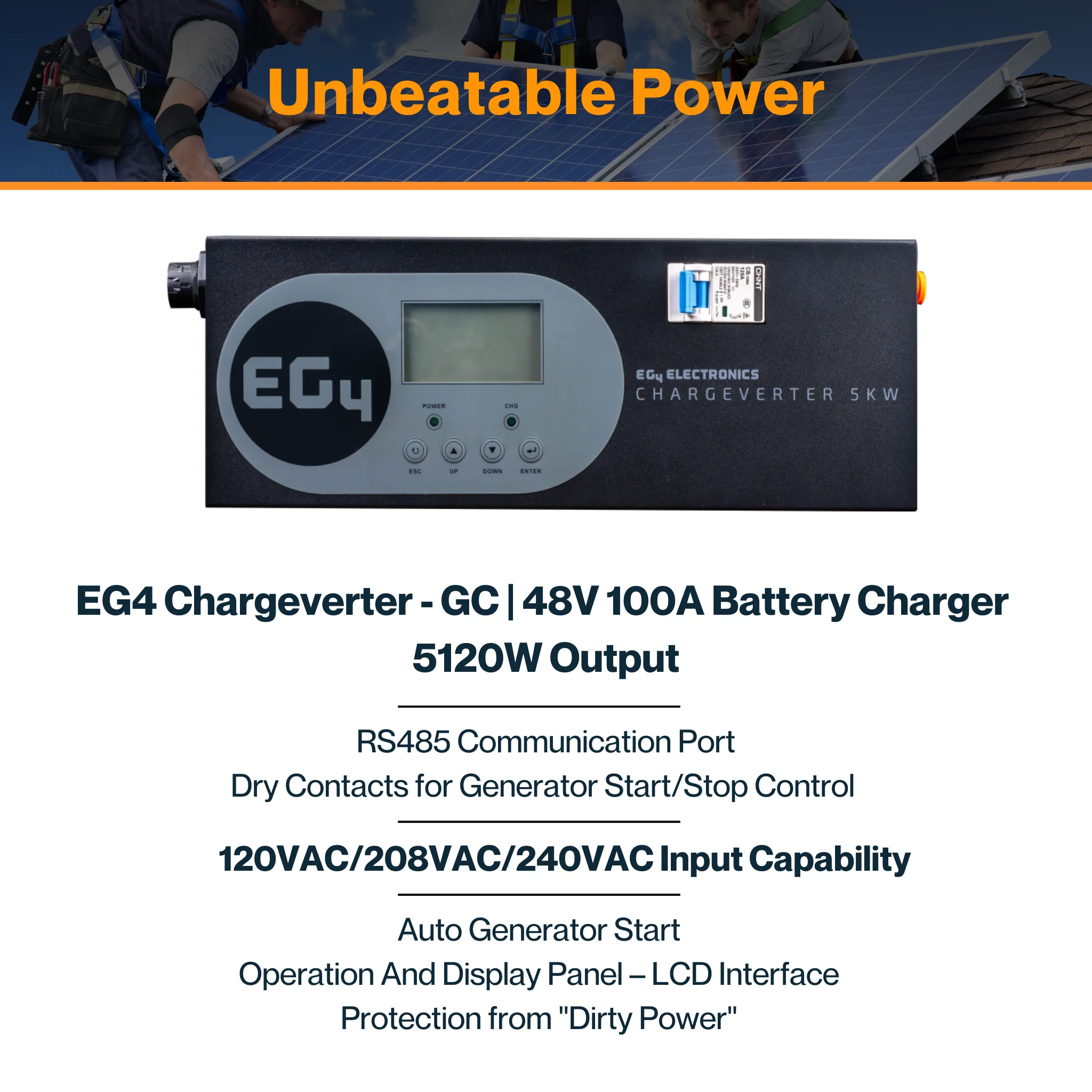 EG4® Chargeverter - GC | 48V100A Battery Charger | 5120W Output | 240/120V Input | Weather Resilience | Built-In Breaker | LCD Interface | IP21 Rating - Image 4