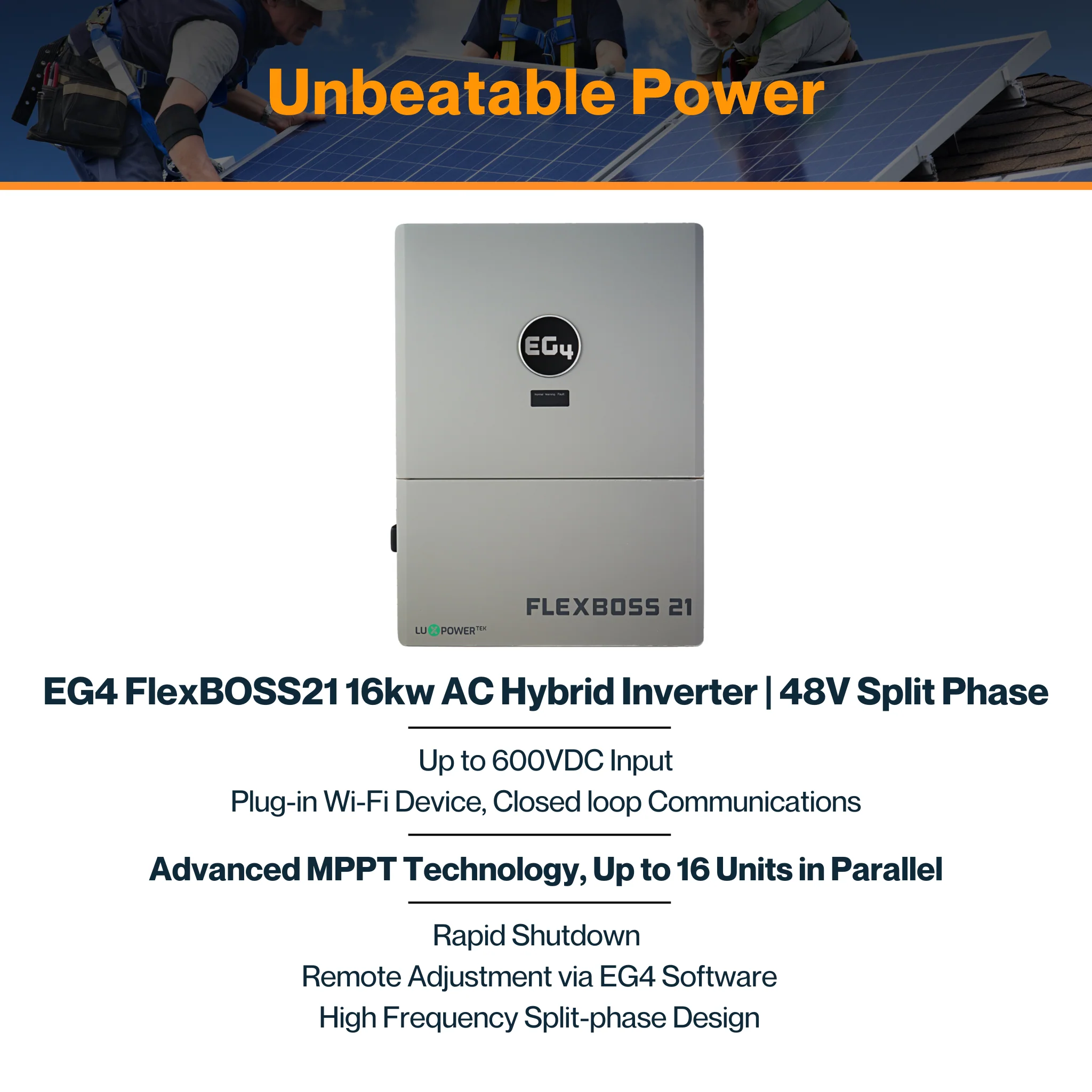 EG4® Flex BOSS21 Hybrid Inverter - 48V Split Phase | 21kW PV Input | 16kW AC Output | 16 Units Parallel | 24kW Surge Capacity | UL 1741 Listed - Image 3