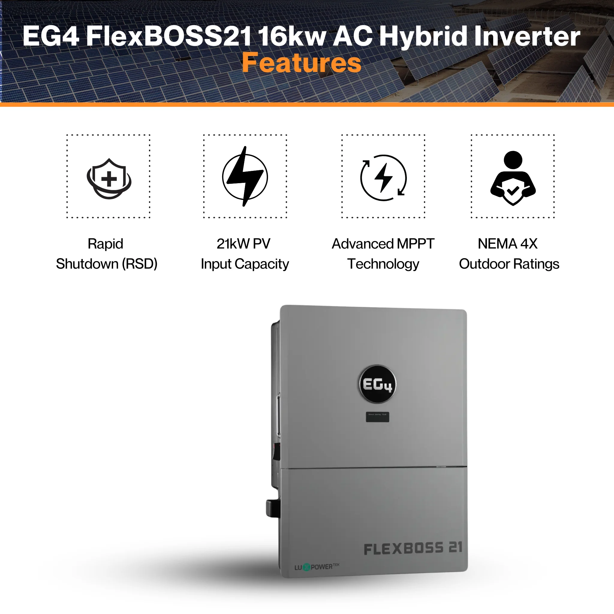EG4® Flex BOSS21 Hybrid Inverter - 48V Split Phase | 21kW PV Input | 16kW AC Output | 16 Units Parallel | 24kW Surge Capacity | UL 1741 Listed - Image 5