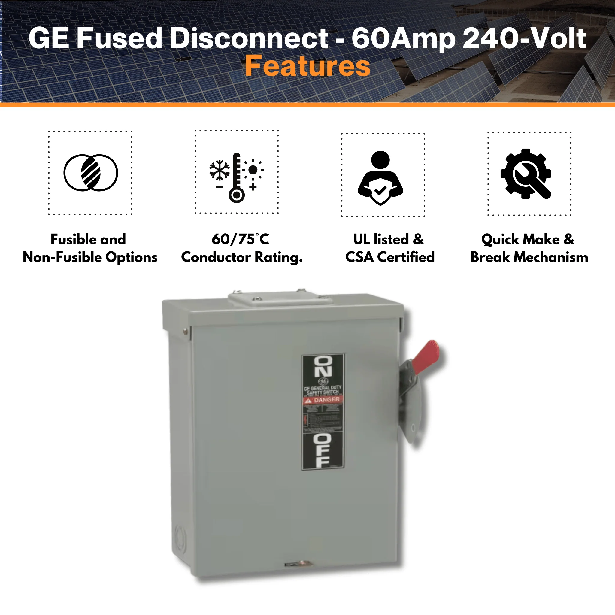 GE Fused Disconnect - 60Amp 240-Volt Outdoor Type 3R Rated | 2 Poles 3 Wires | Single-Phase | TG3222R | UL listed & CSA Certified - Image 4