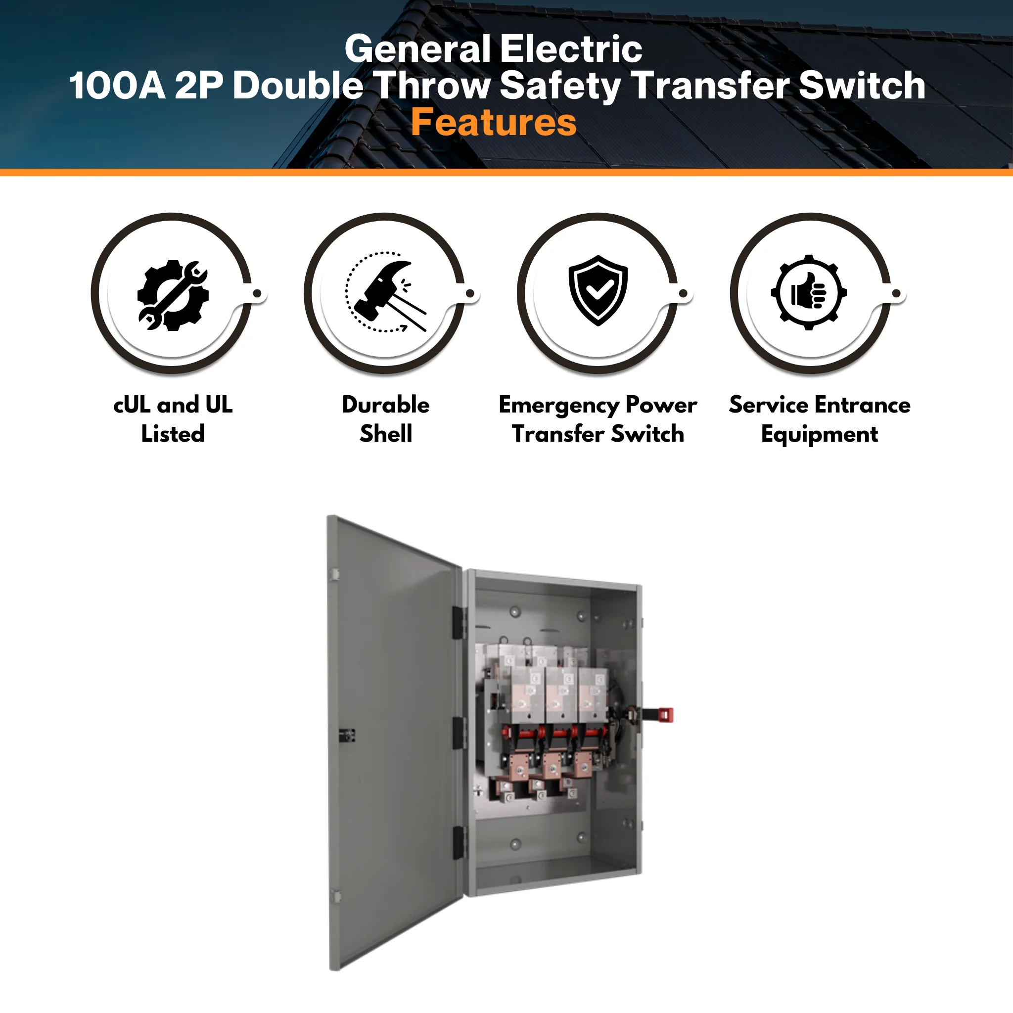 General Electric 100A 2P Double Throw Safety Transfer Switch - TC10323R | 120/240 Volt | Non-Fusible Design | NEMA 3R Enclosure | cUL & UL Approved - Image 3
