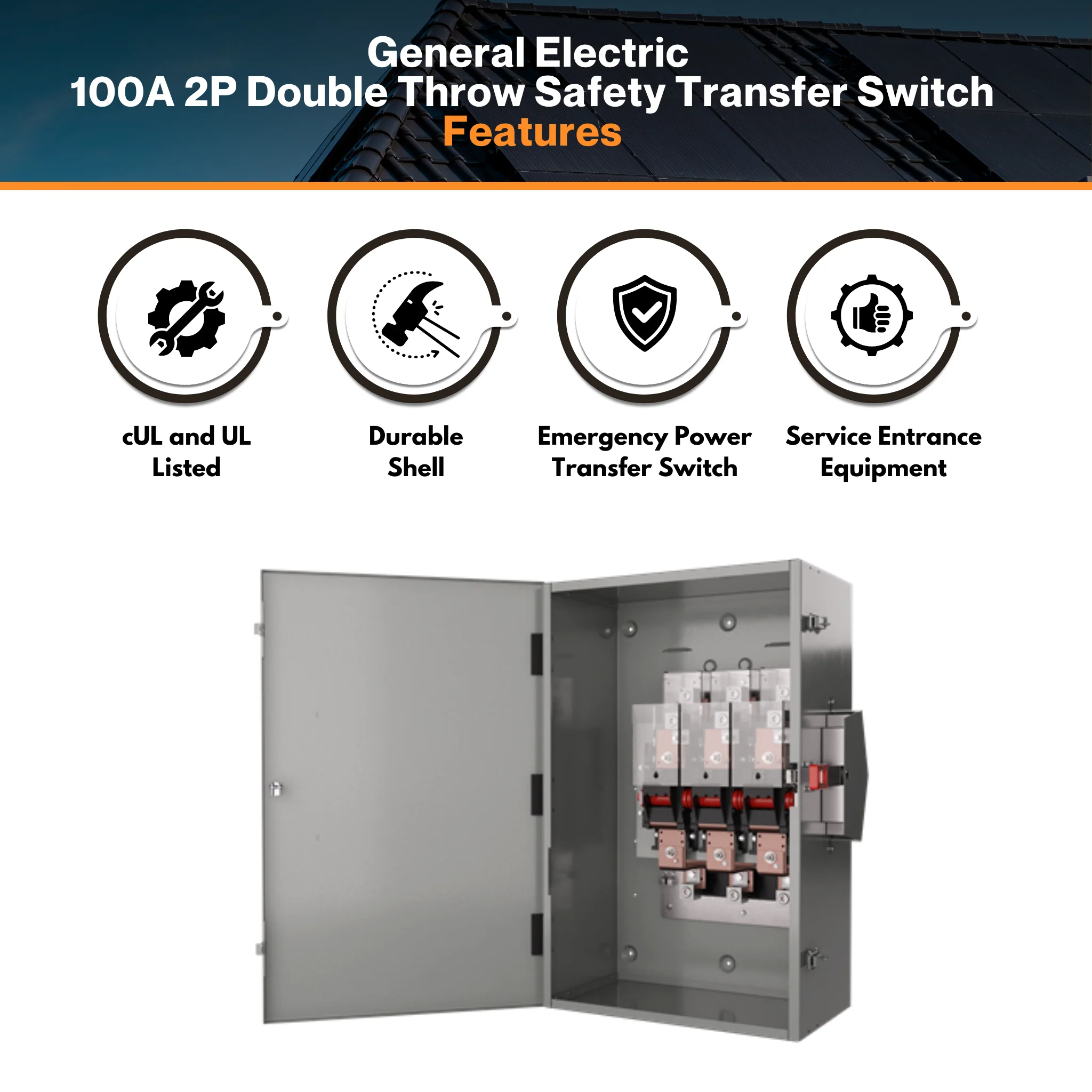 General Electric 200A 2P Double Throw Safety Transfer Switch - TC10324R | 120/240 Volt | Non-Fusible Design | NEMA 3R Enclosure | cUL & UL Approved - Image 3
