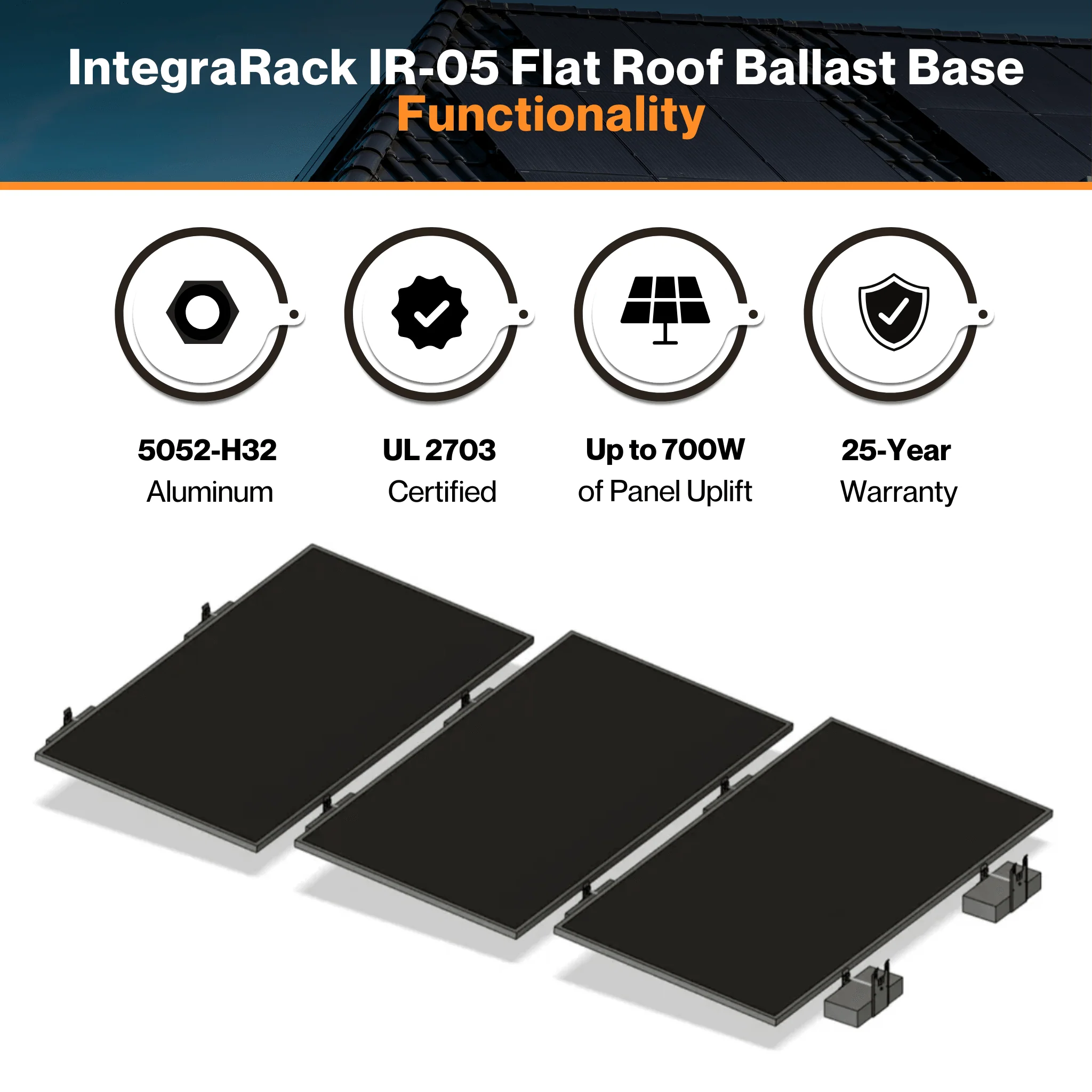 IntegraRack IR-05 Flat Roof Ballast Base (5 Degree) - Fast Installation | Up to 700W of Panel Uplift | 5052-H32 Aluminum | UL 2703  Certified - Image 3