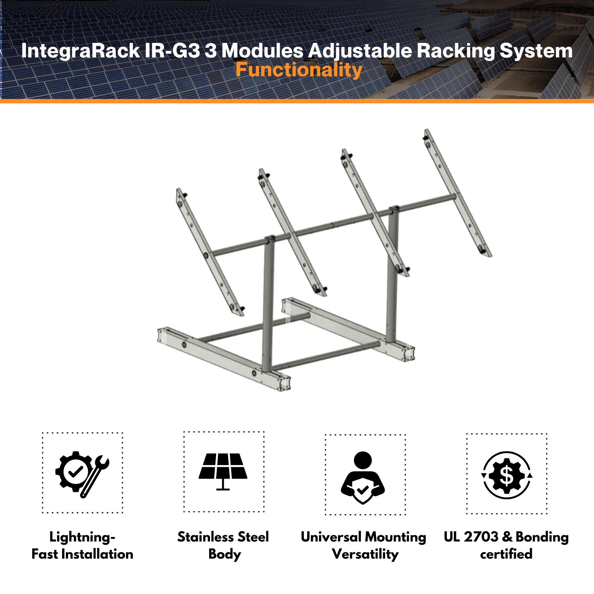 IntegraRack IR-G3 Three Solar Modules Adjustable Racking System - Twin Pole Ground Mount Frame | 6061-T6  Aluminum | 150mph Wind Load | 0°-45° Angle Adjustment | UL 2703 & Bonding Certified - Image 2