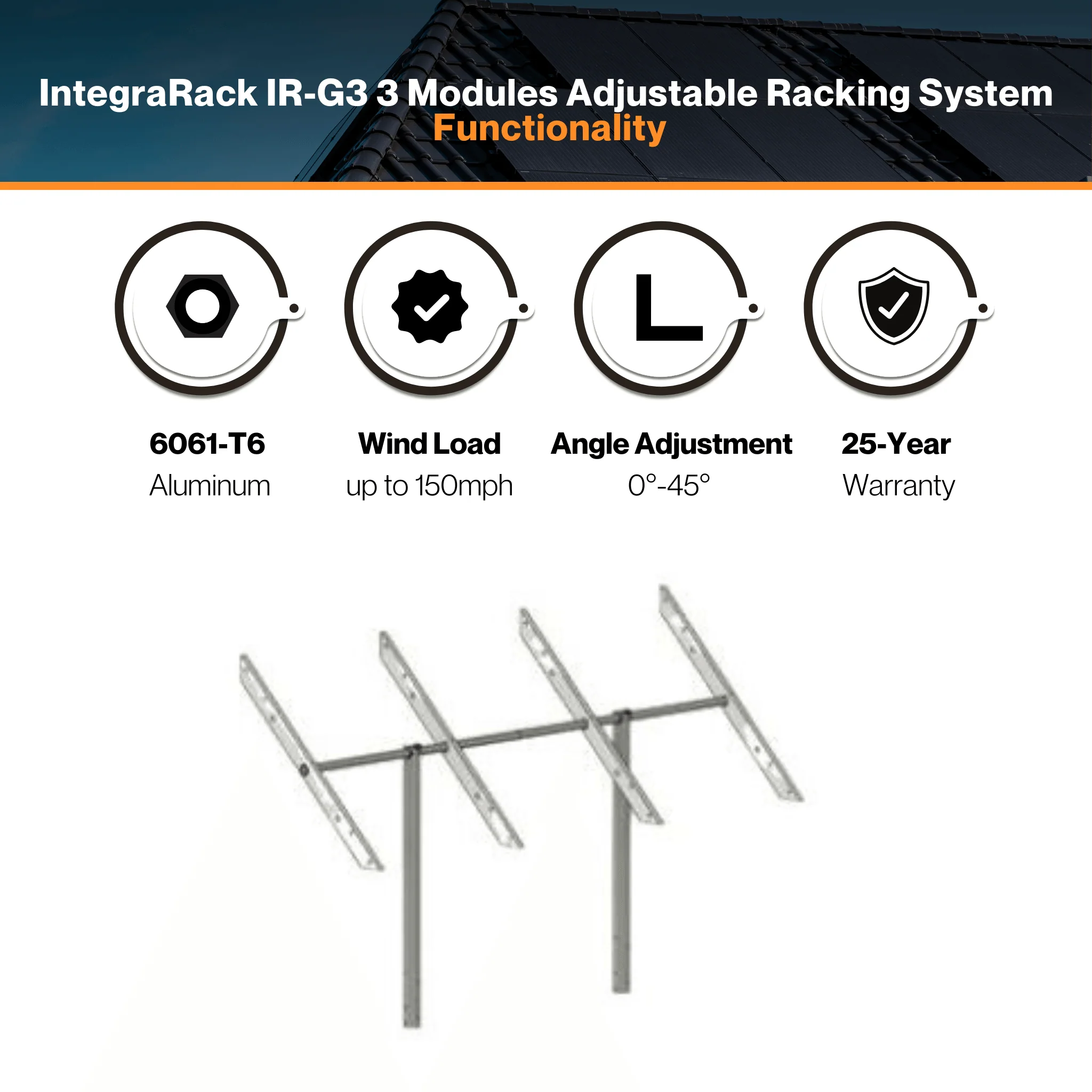 IntegraRack IR-G3 Three Solar Modules Adjustable Racking System - Twin Pole Ground Mount Frame | 6061-T6  Aluminum | 150mph Wind Load | 0°-45° Angle Adjustment | UL 2703 & Bonding Certified - Image 3