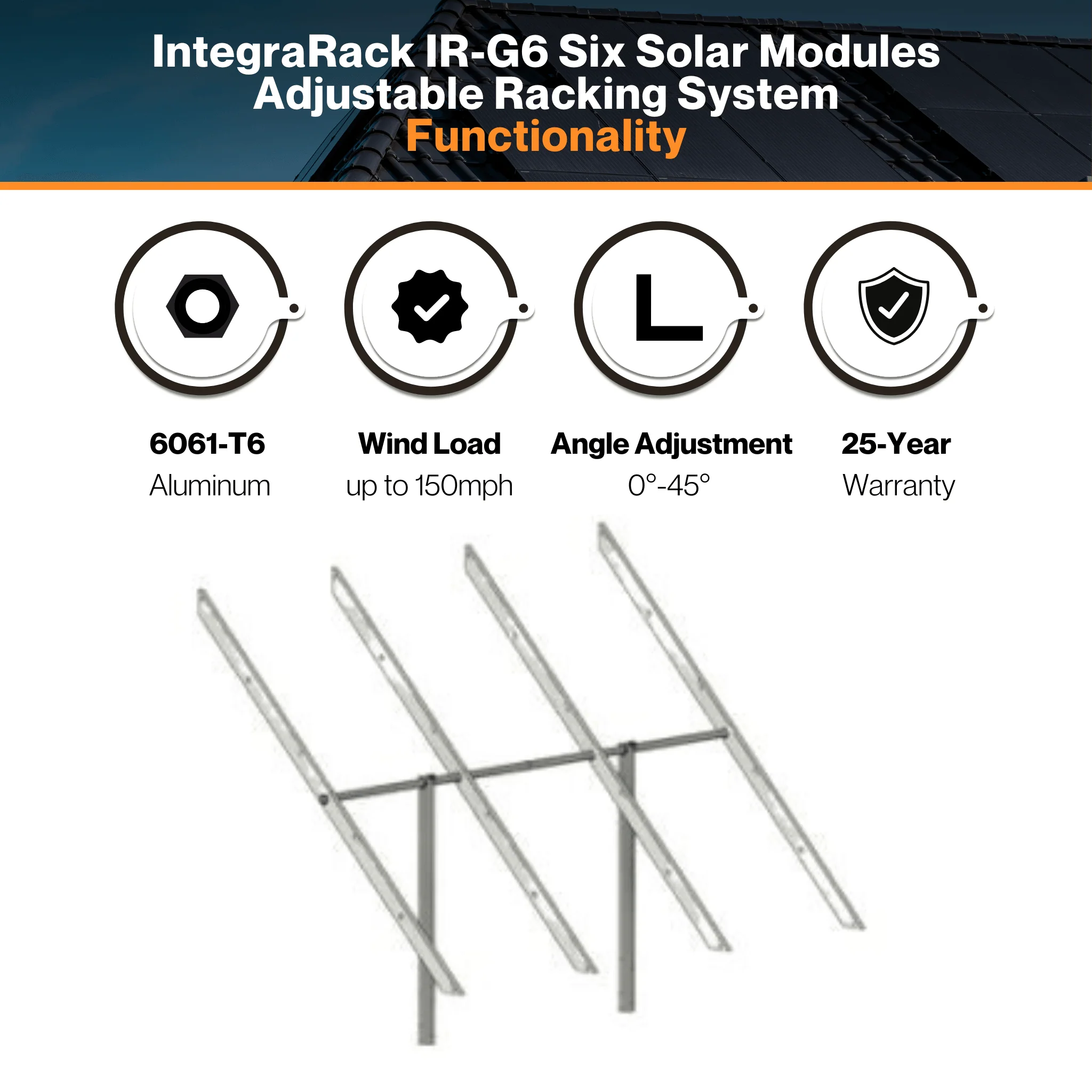 IntegraRack IR-G6 Six Solar Modules Adjustable Racking System - Twin Pole Ground Mount Frame | 6061-T6  Aluminum | 150mph Wind Load | 0°-45° Angle Adjustment | UL 2703 & Bonding Certified - Image 3