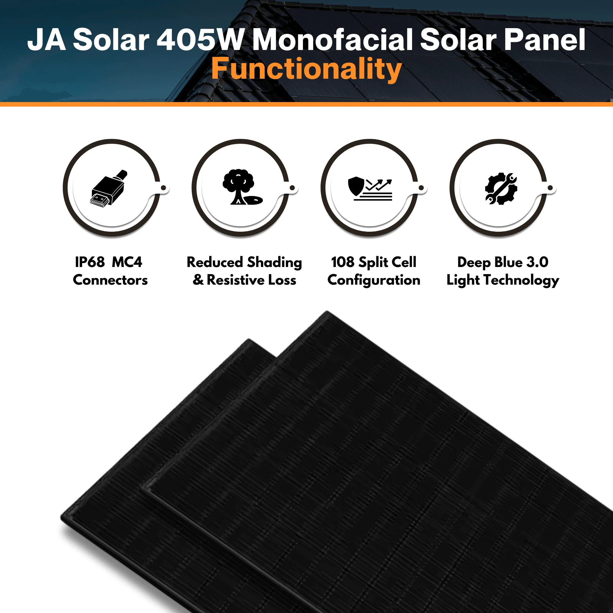 JA Solar 405W Monofacial Solar Panel - W/ 108 Split Cell | Deep Blue 3.0 Light | Half Cell Black Module | IP68 MC4 Connectors - Image 6