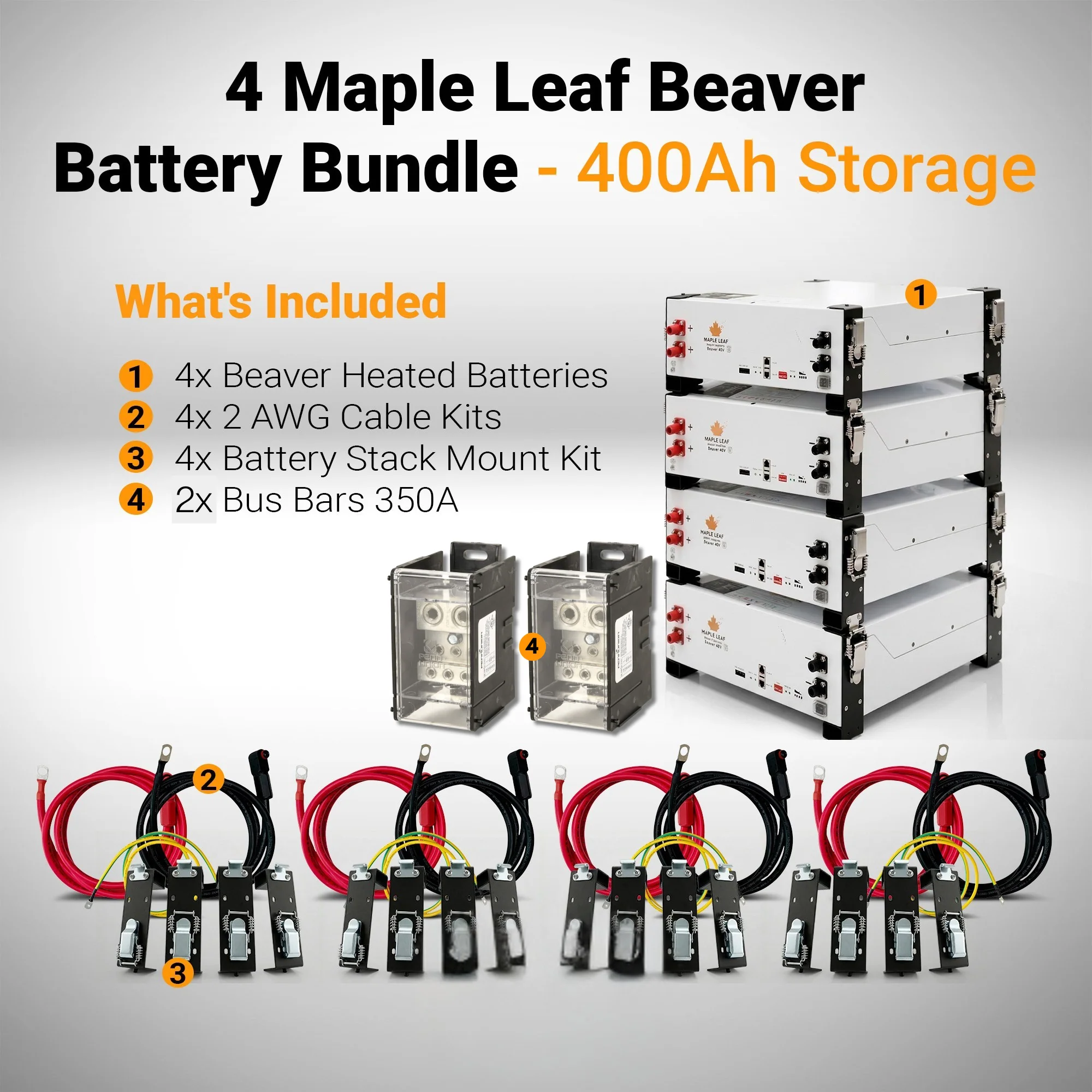 Maple Leaf Beaver Heated Battery Bundles | 2, 4, or 6 Battery Packages | 48V 100Ah LiFePO4 Solar Batteries w/ Cables, Stack Mount Hardware & 350A Bus Bars - Image 3