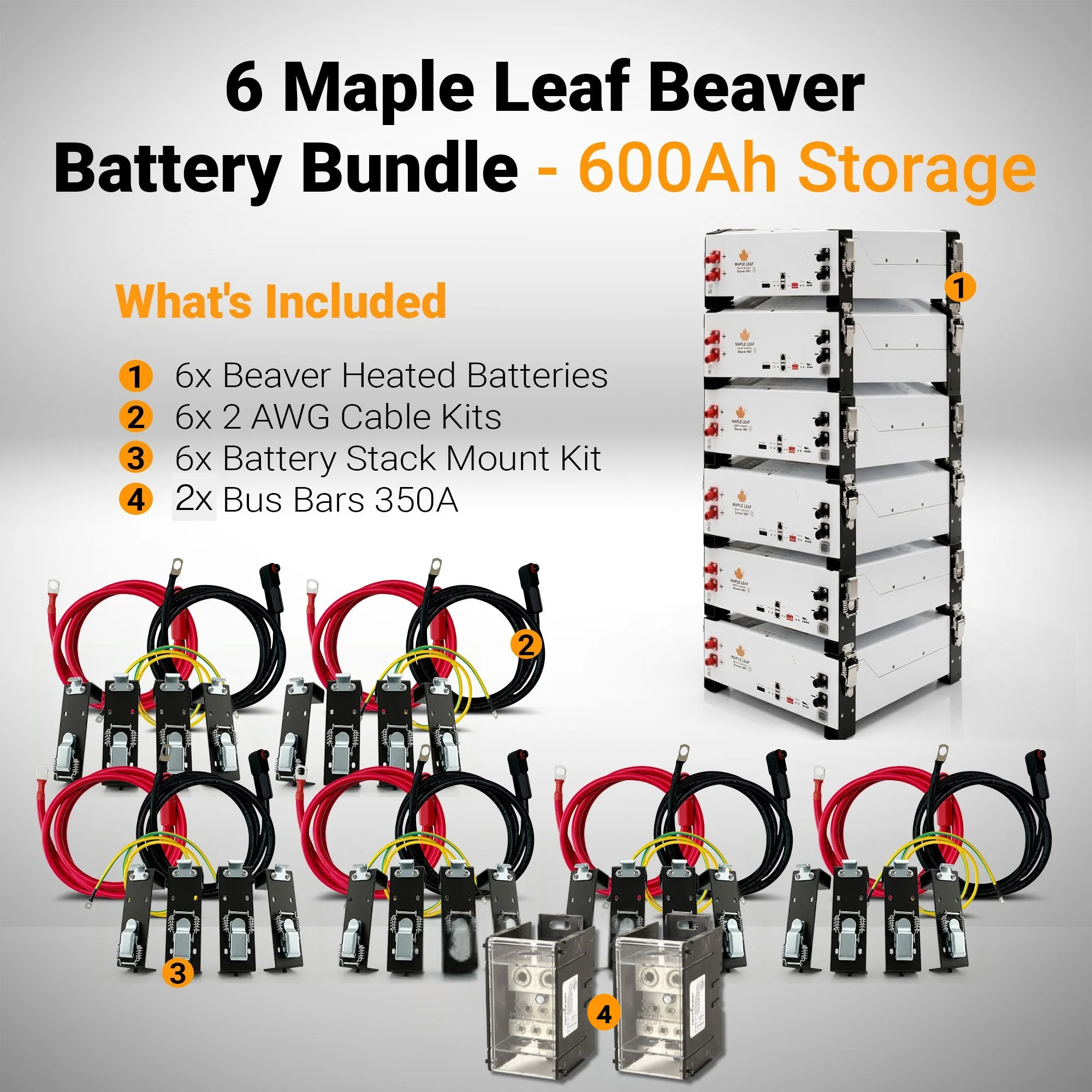 Maple Leaf Beaver Heated Battery Bundles | 2, 4, or 6 Battery Packages | 48V 100Ah LiFePO4 Solar Batteries w/ Cables, Stack Mount Hardware & 350A Bus Bars - Image 4