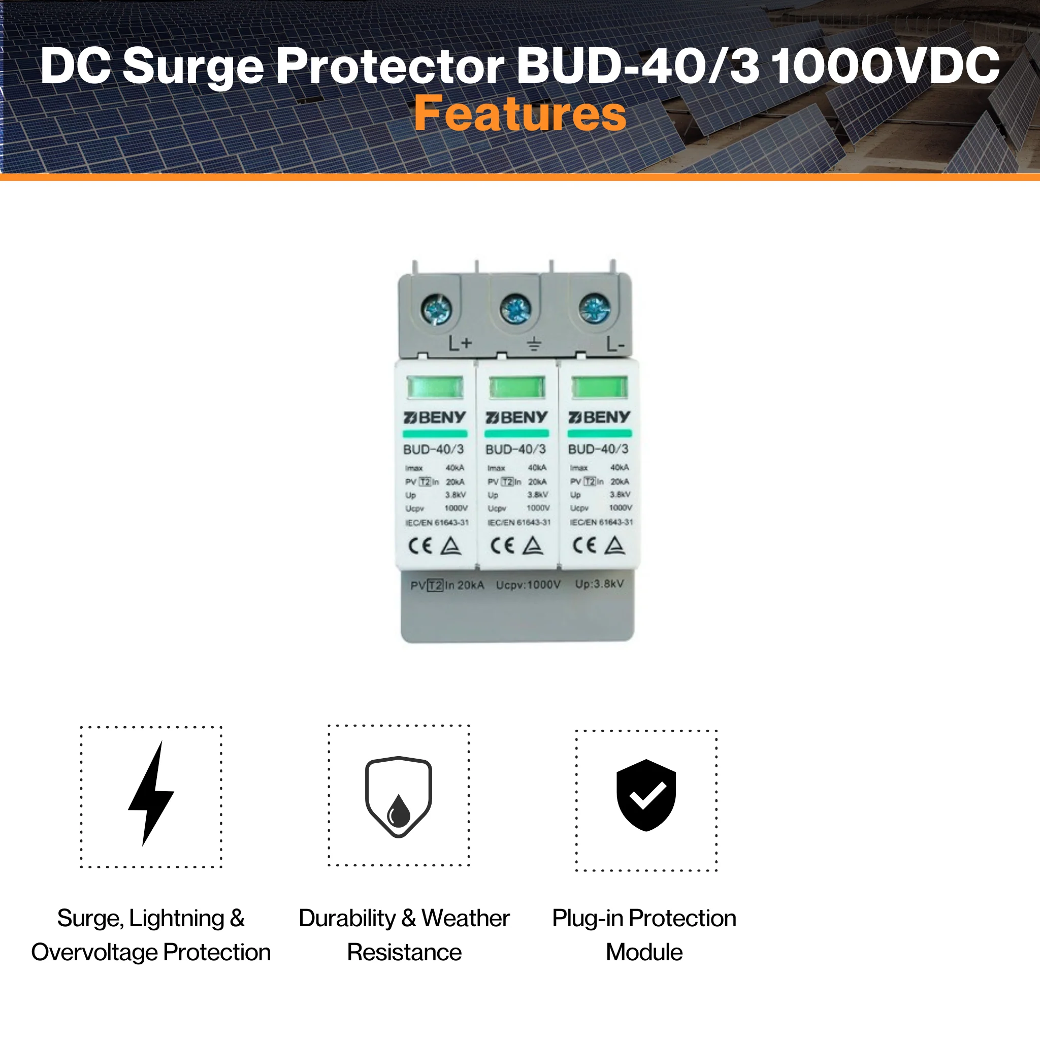 DC Surge Protector BUD-40/3 1000VDC - Surge, Lightning & Over Voltage Protection | Suitable for all PV | IP20 Ratings | 40°C ~ +85°C | UL, CE & TUV Certified - Image 3