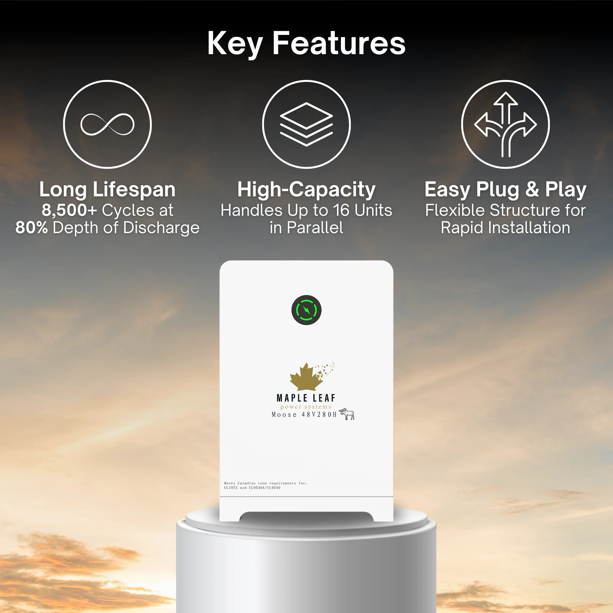 Maple Leaf Moose 48V 280Ah LiFePO4 Floor Mount Solar Battery | 8,500+ Cycles | 80% DoD | Plug & Play | 16 Parallel | IP65 | UL1973 & UL9540A Certified - Image 3