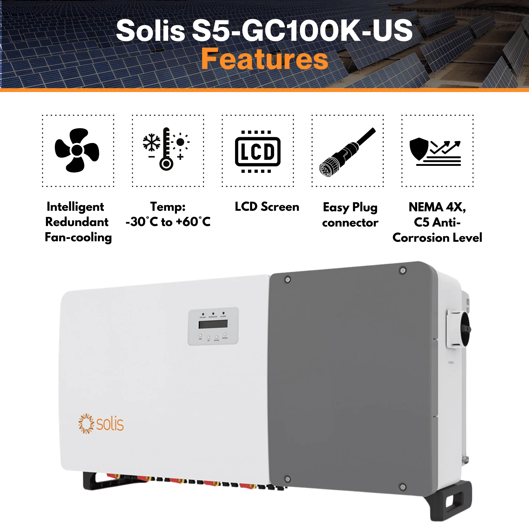 Solis (S5-GC100K-US-APST) 100kW 1000Vdc Three Phase Inverter - Operating Temperature (-30°C ~ +60°C ) | UL 1741 SA And SB Certified - Image 5