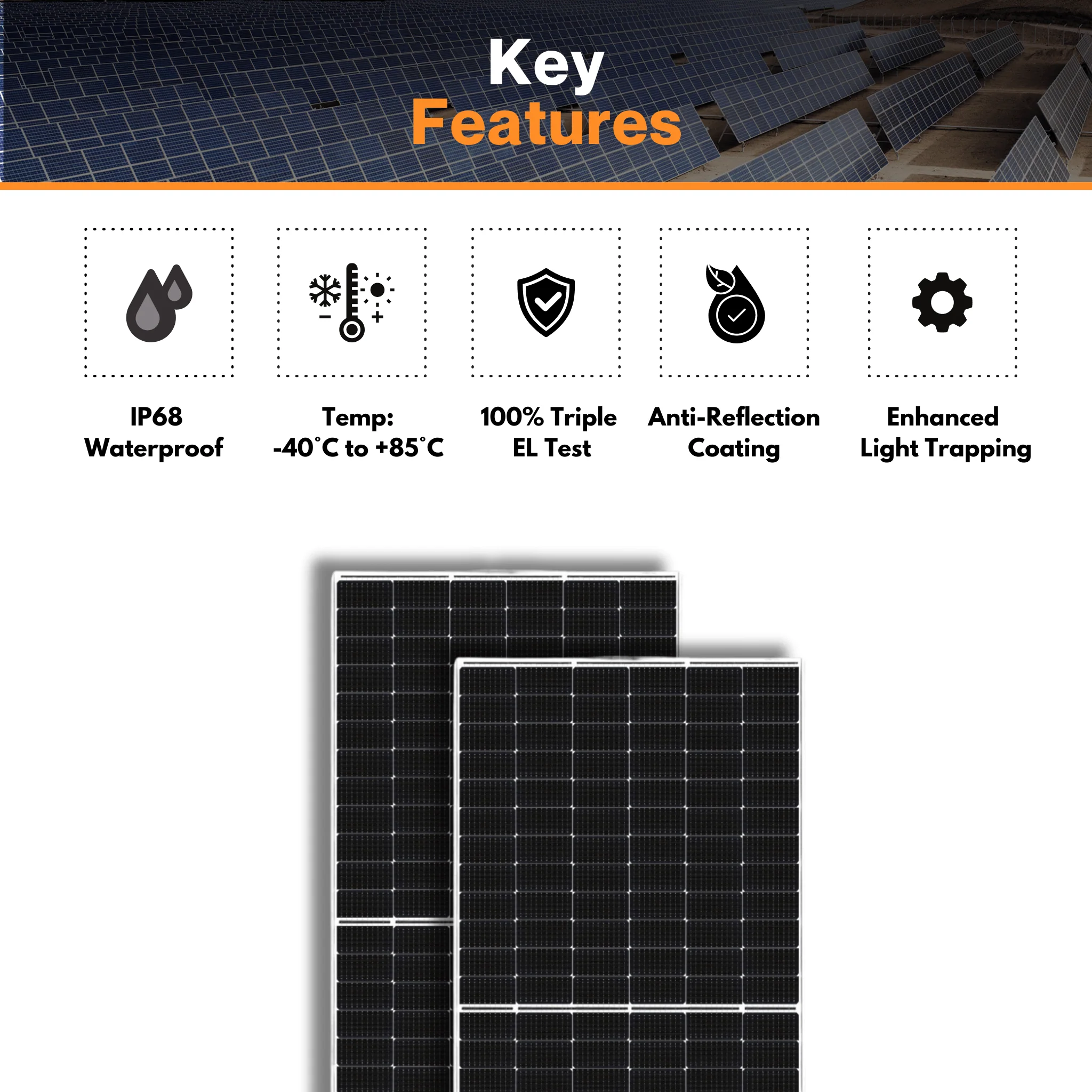 Thornova Solar 580W Solar Panel - TS-BGT72(580) - High-efficiency Bifacial Dual Glass TOPCon Module | IP68 Rating Junction Box | MC4-EVO2 Connector - Image 5